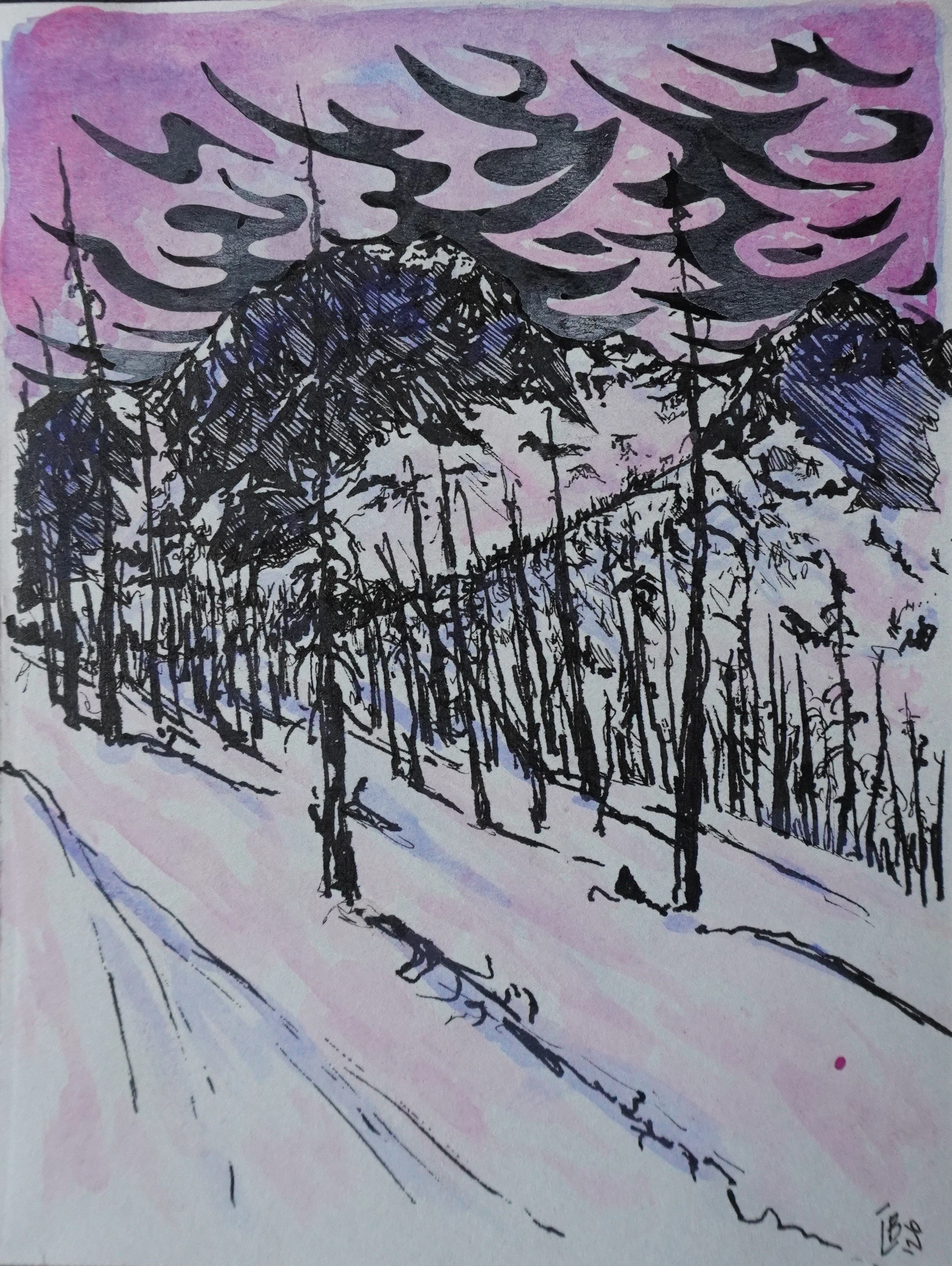 Hand-drawn Montana winter landscape with snow-covered burned trees, Warren Peak, and abstract figures in the sky.