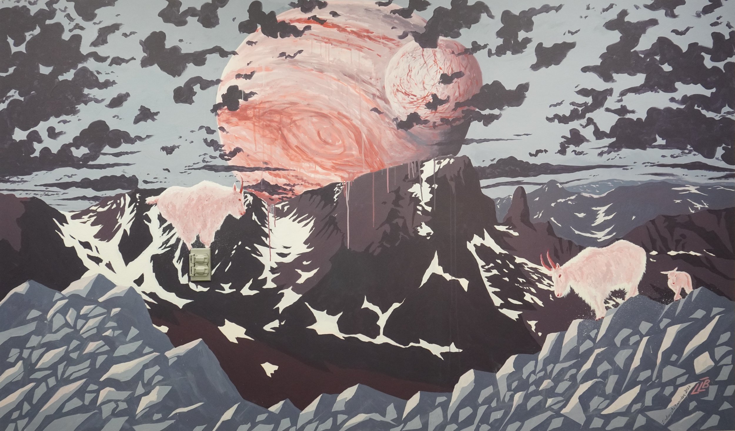 Surreal mural featuring Saturn and moon Europa over snowy Beartooth mountains, featuring dark clouds and white mountain goats