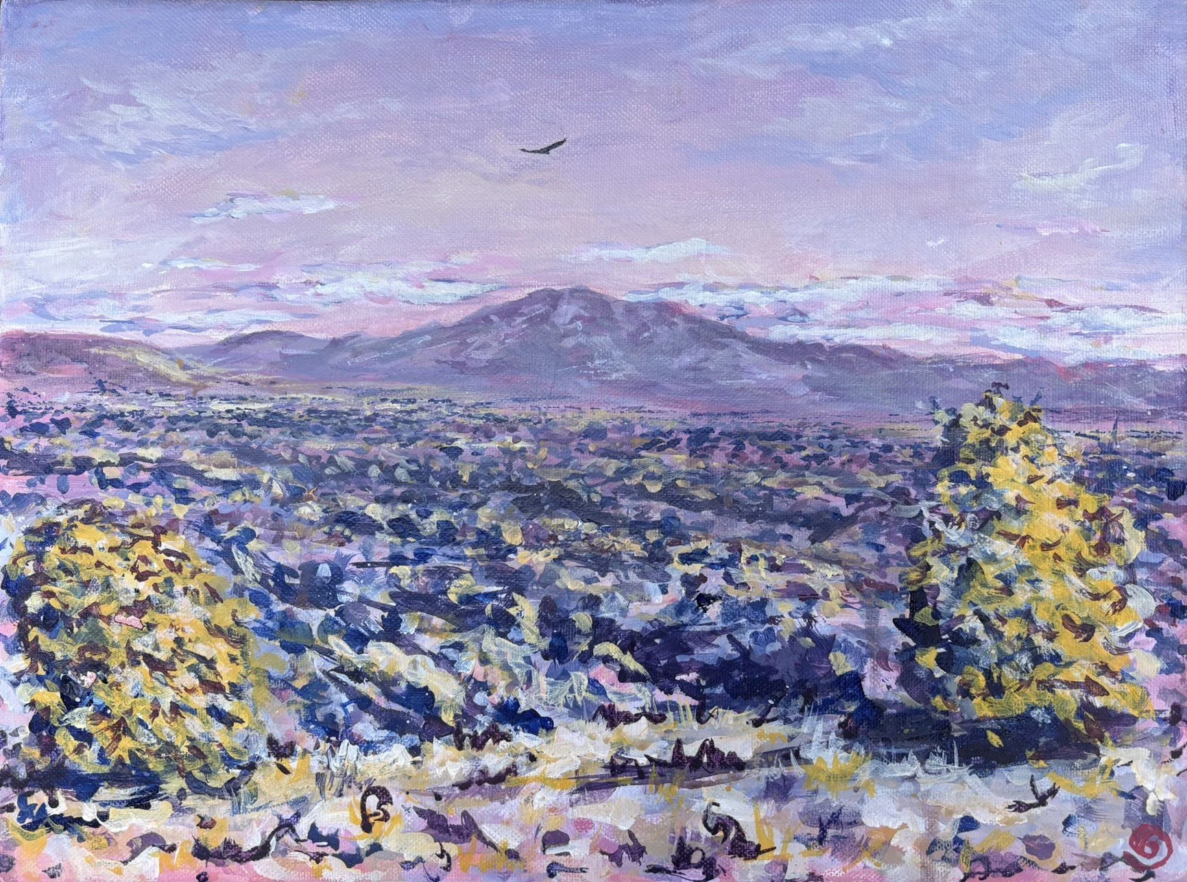 Impressionist landscape painting of a purple mountain beneath a pastel sky, with a grass-filled meadow and a soaring vulture.