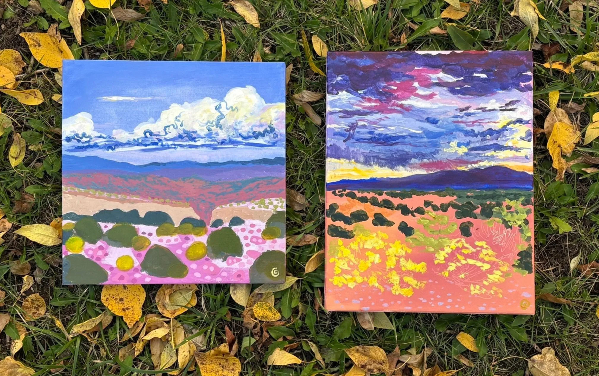 Two colorful abstract landscape paintings resting on grass covered with fallen autumn leaves.