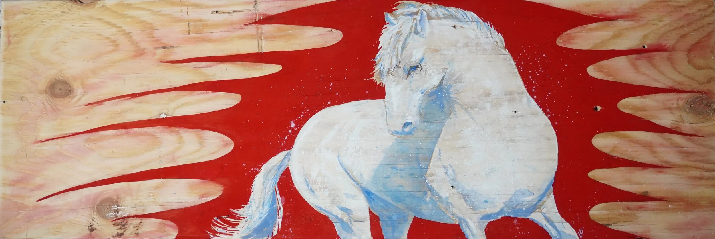 Abstract painting of a white horse with blue shadows against a red background and wooden wing-like shapes.