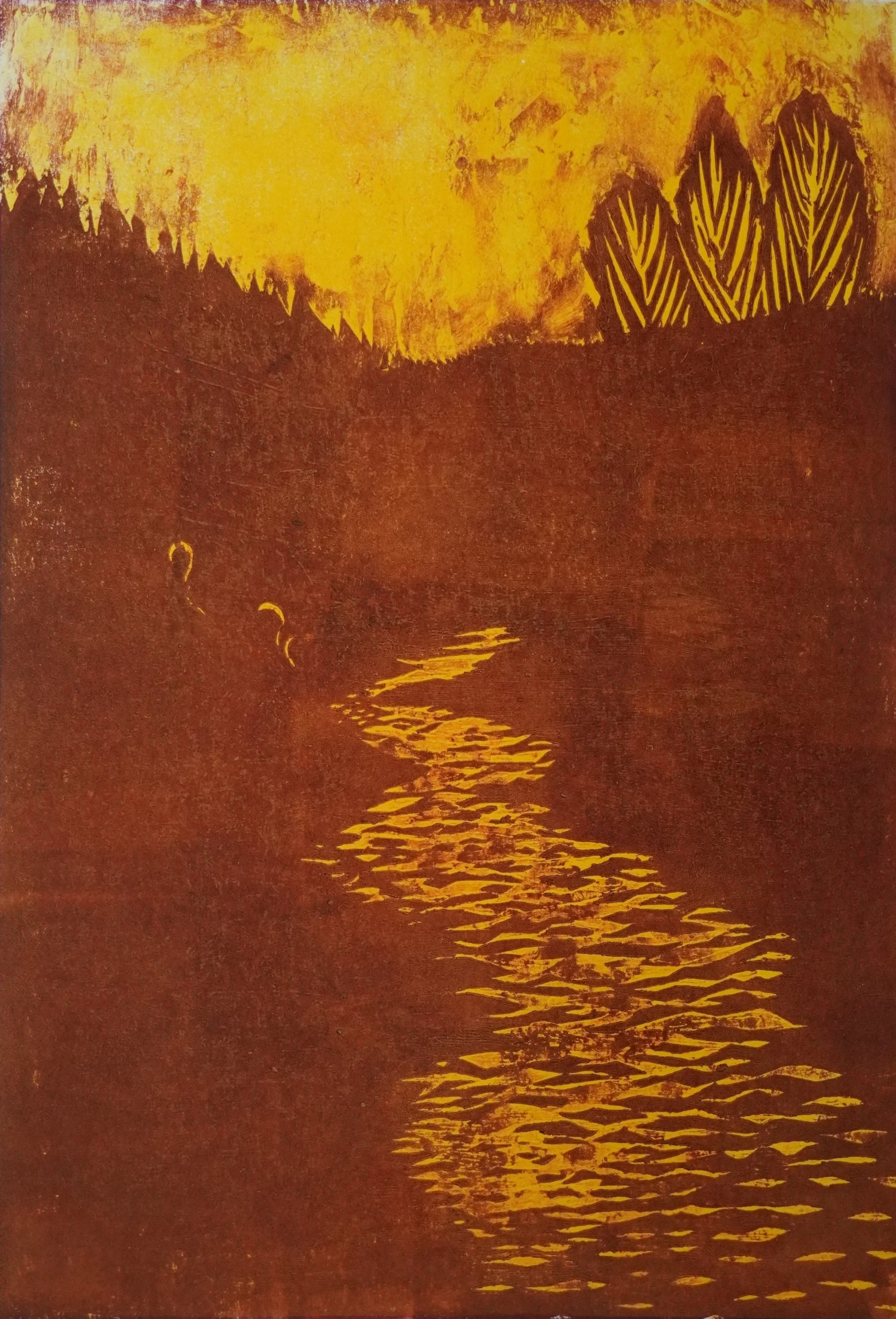 Monotype relief art piece depicting a glowing yellow sunset over dark mountain silhouettes and rippling water.