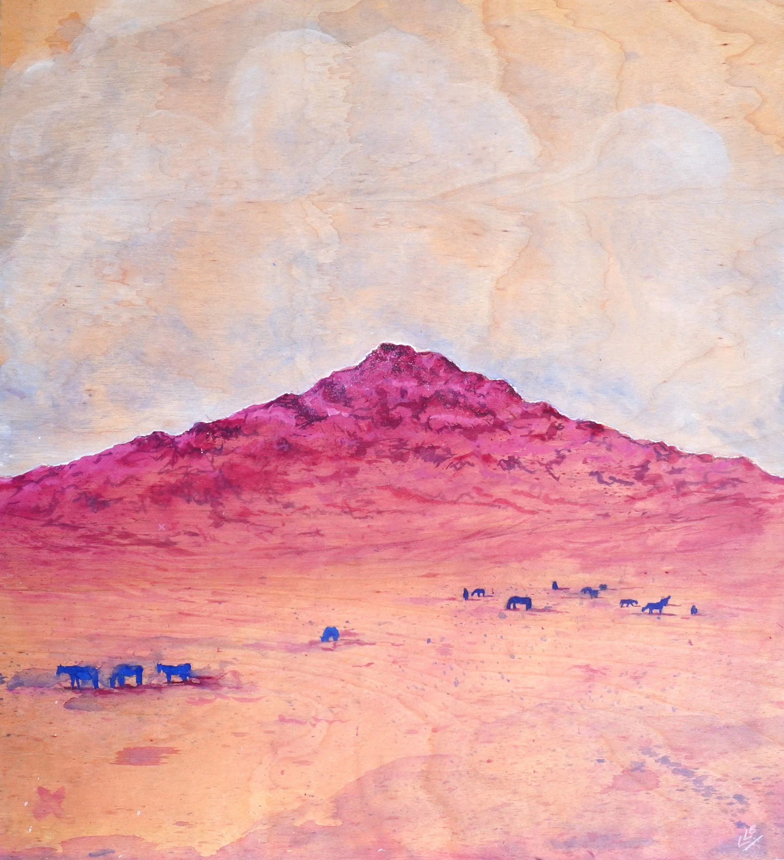 Abstract watercolor-like gouache painting of a magenta mountain landscape with small dark horse-herd silhouettes under a pale peach sky.