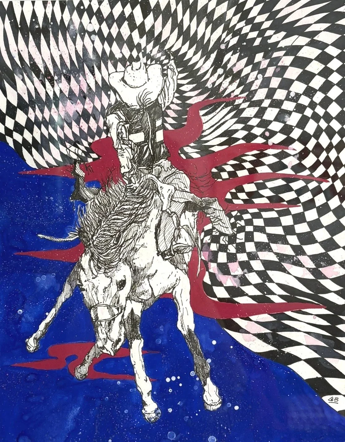 Surreal ink illustration of saddle bronc rider with a warped checkered background and dark blue spattered background.