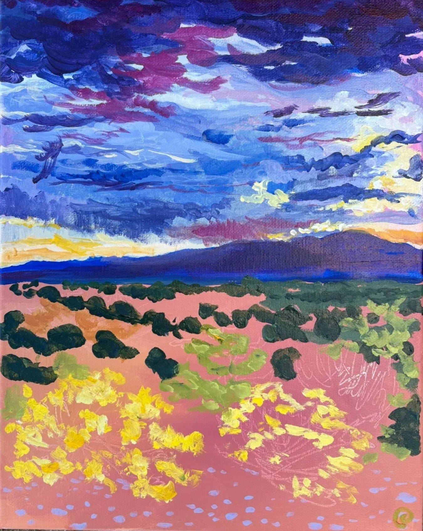 Colorful abstract landscape painting with a blue and purple sky, distant mountains, green trees, and a pink field dotted with yellow flowers.