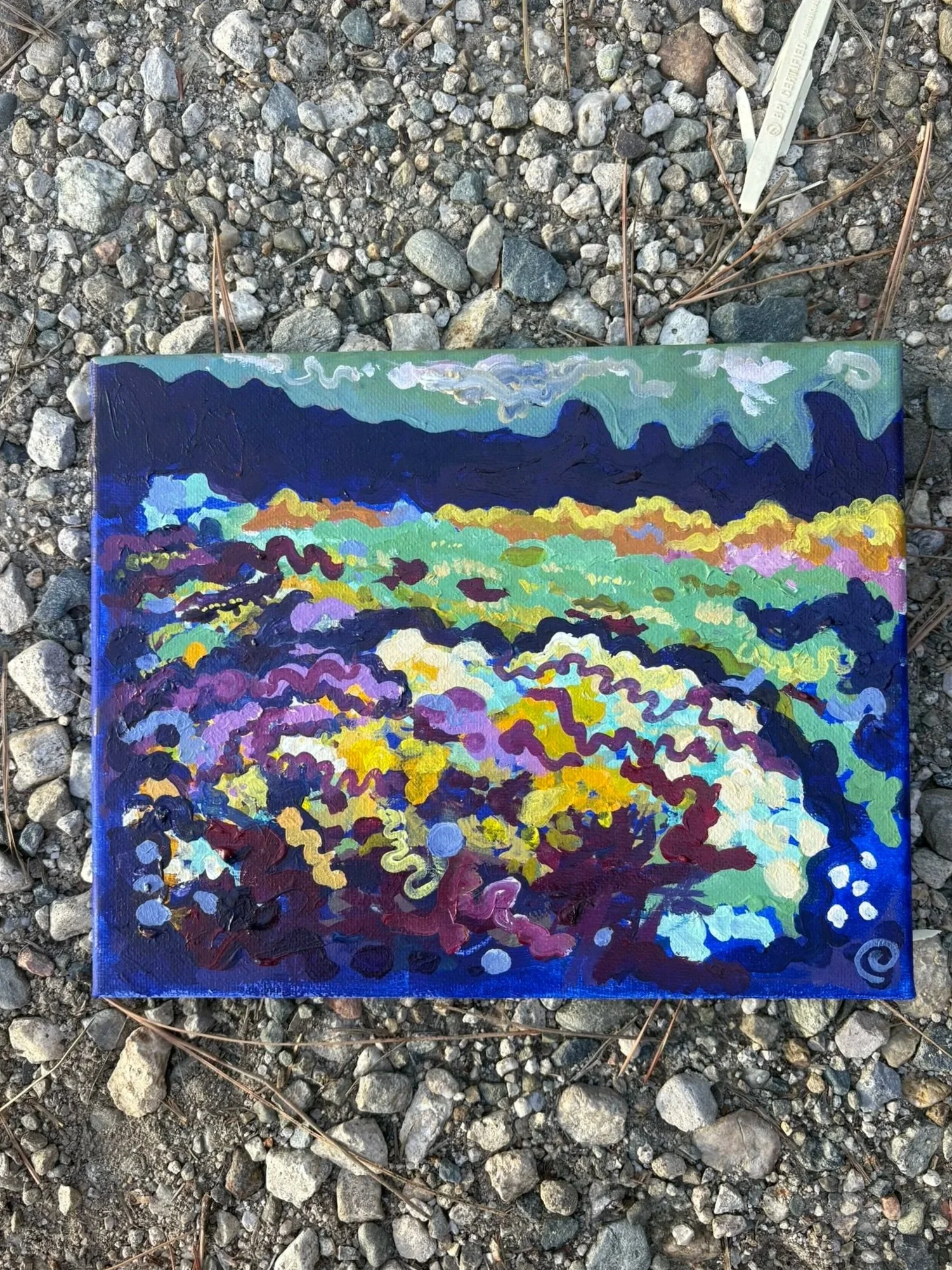 Colorful abstract painting of Rabbit brush along a roadside.