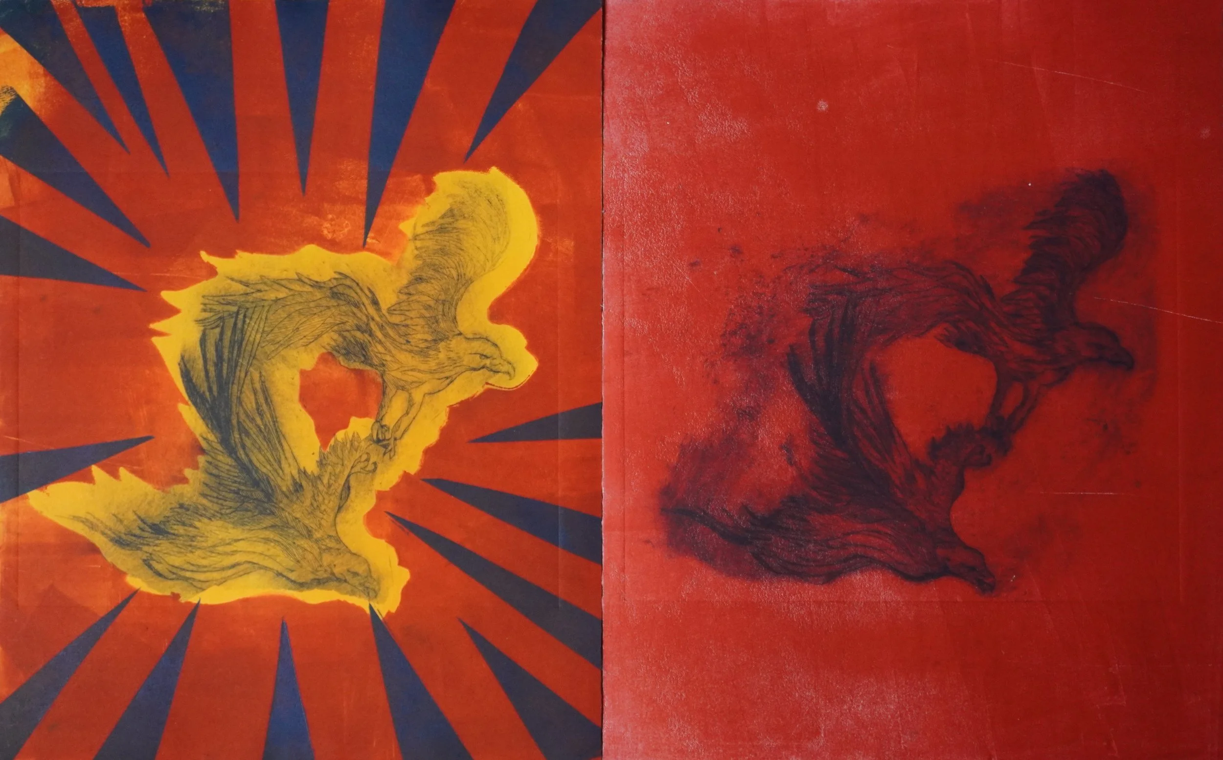 Intaglio prints depicting entangled eagles with outstretched wings against bold red and navy sunburst backgrounds