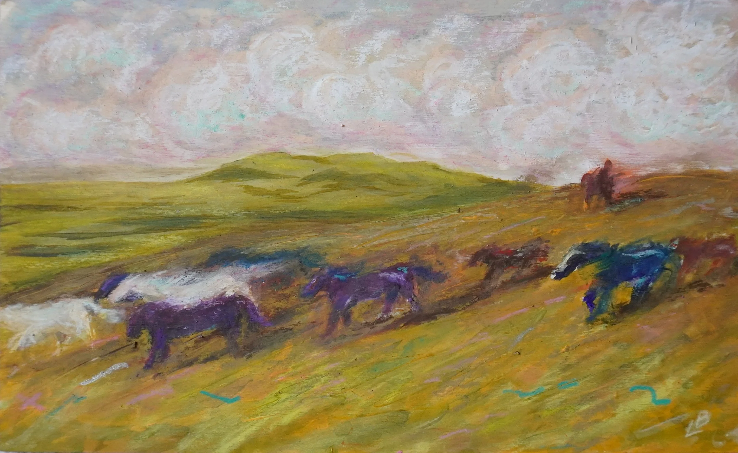 Abstract landscape painting of galloping horse herd streaming through a green field beneath a pastel sky and rolling hills of Southern Patagonia.