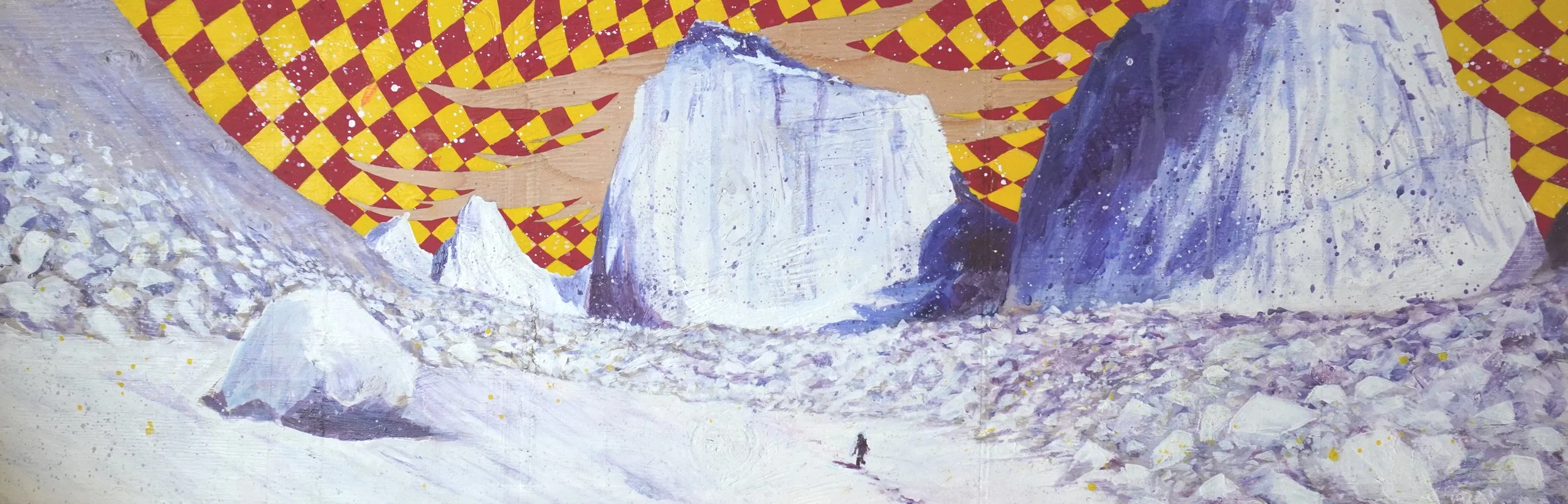 Abstract painting of a lone climber in a snowy, lavender-toned mountain landscape beneath a red-and-yellow checkered sky