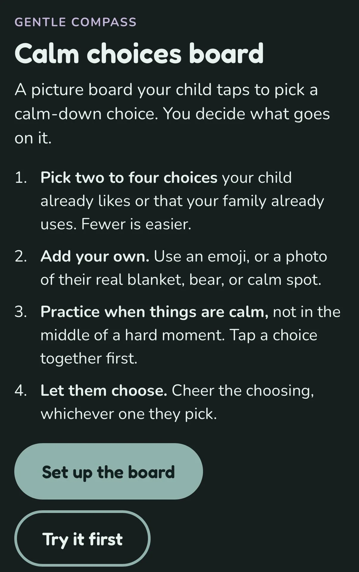Screenshot of the Calm Choices Board welcome screen, with the title, four short steps, and two buttons: “Set up the board” and “Try it first.”