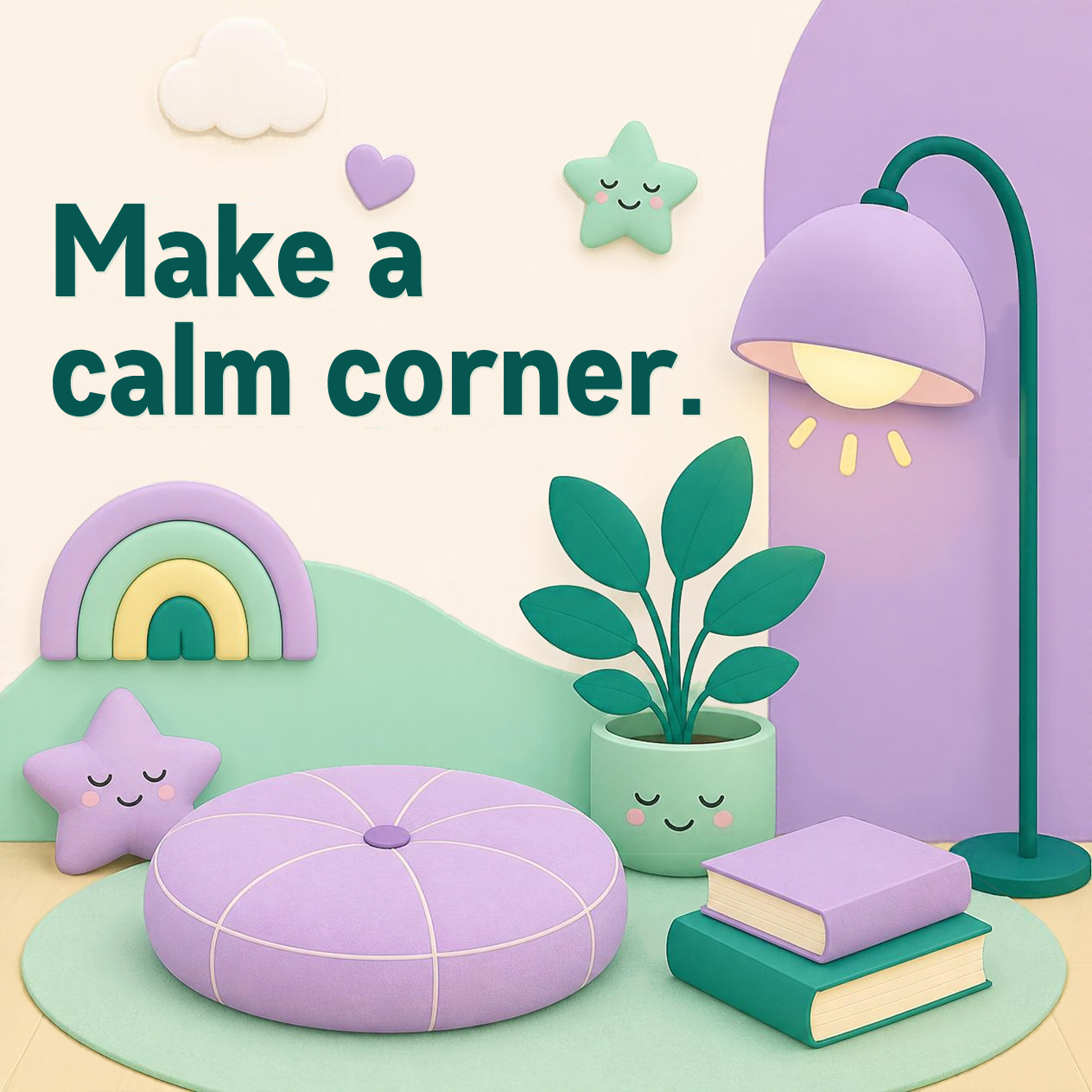 Illustration of a calm corner with a round lavender cushion, a floor lamp, a potted plant, a stack of books, and a rainbow on the wall, with the words “Make a calm corner.”