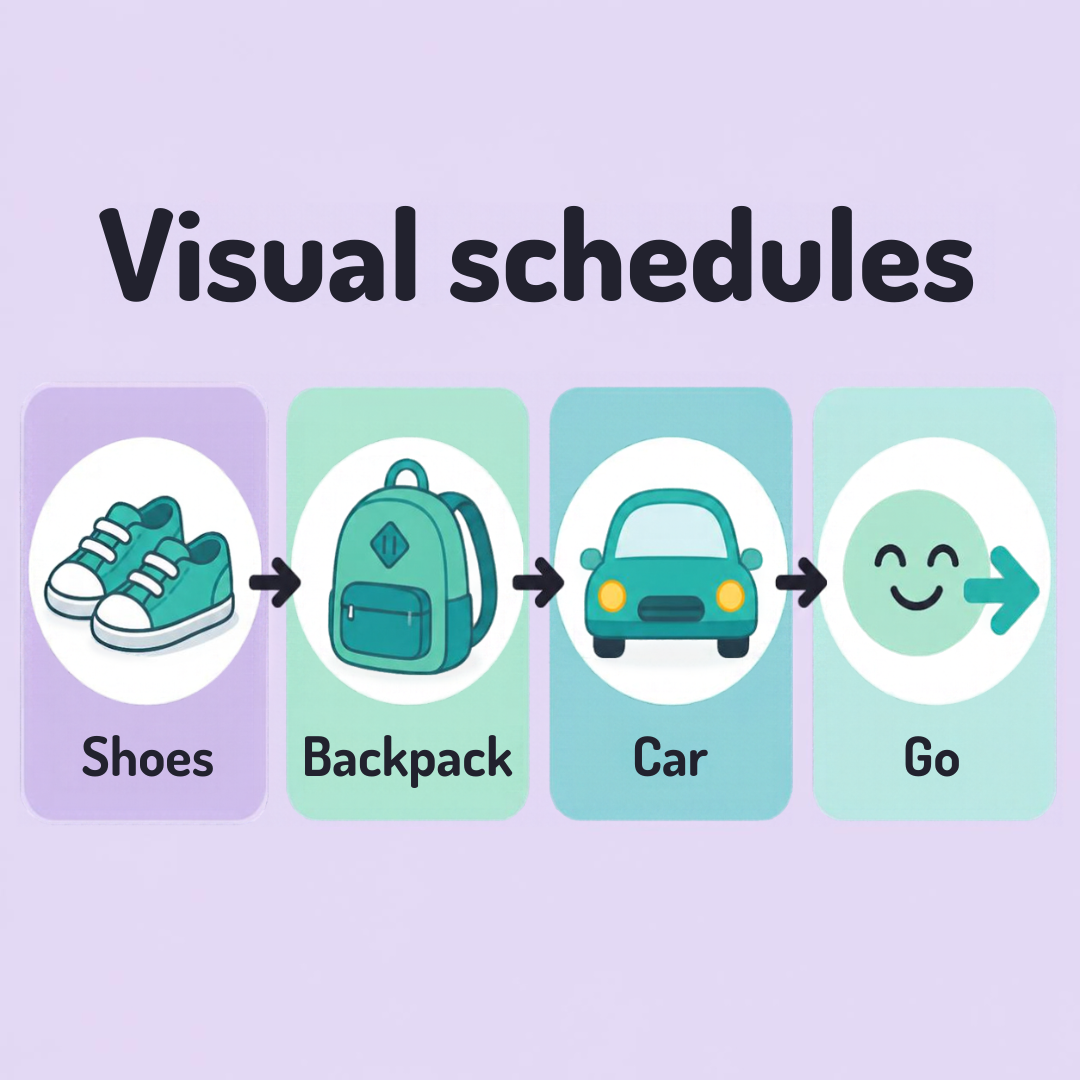 A simple visual schedule with four picture cards in a row: shoes, backpack, car, and go.