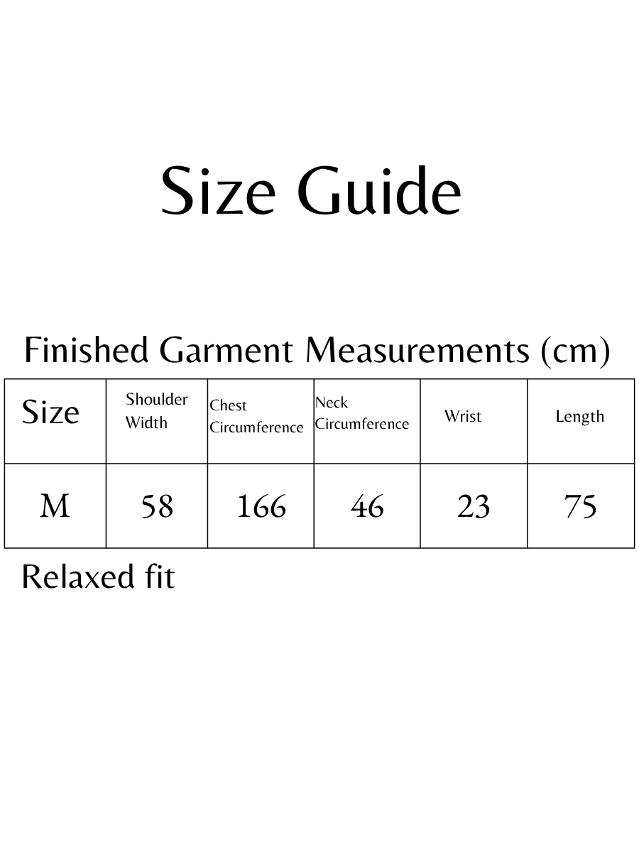 Clothing size guide showing relaxed-fit size M measurements in centimeters: 58 shoulder width, 166 chest circumference, 46 neck circumference, 23 wrist, and 75 length.