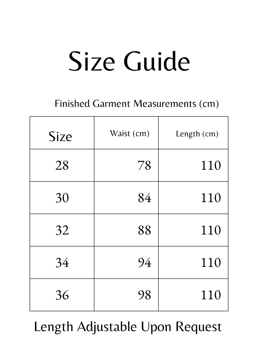 Size guide table showing finished garment measurements in centimeters: sizes 28–36, waist 78–98 cm, length 110 cm; length adjustable upon request.