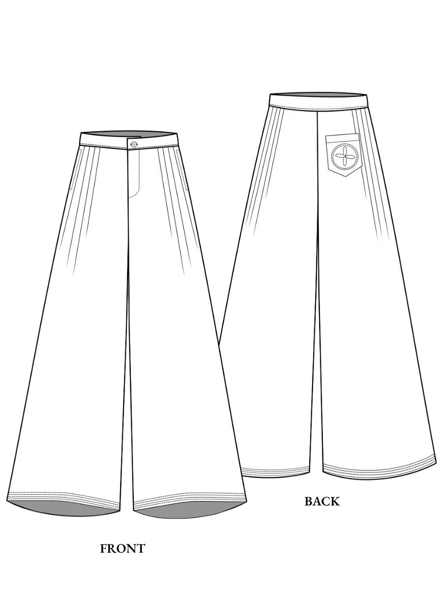 Line drawing of a pair of wide-leg pants, showing both front and back views. The pants have a high waist and wide, flowing legs. The front view shows a button at the waistband, while the back view features a pocket with a circular decorative design.