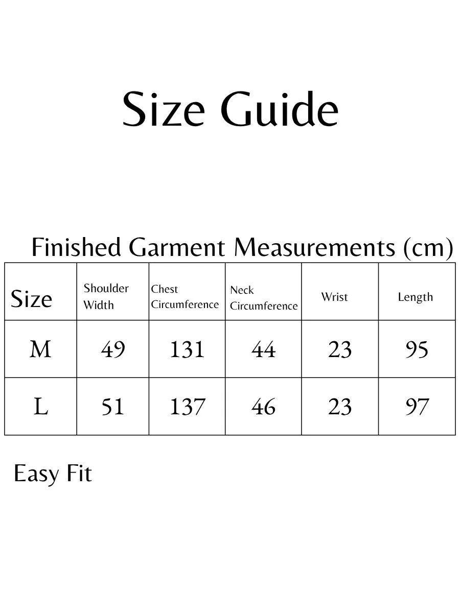 A size guide chart displaying measurements for medium and large clothing sizes, including shoulder width, chest circumference, neck circumference, wrist, and length in centimeters.