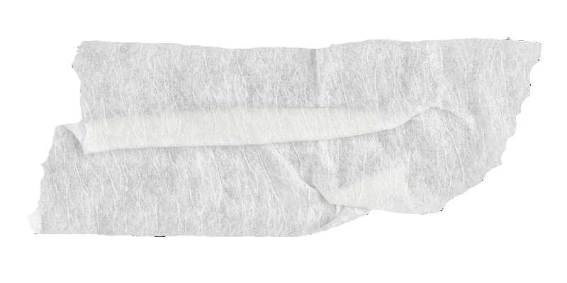 A torn piece of white tissue paper with a white strip on top.