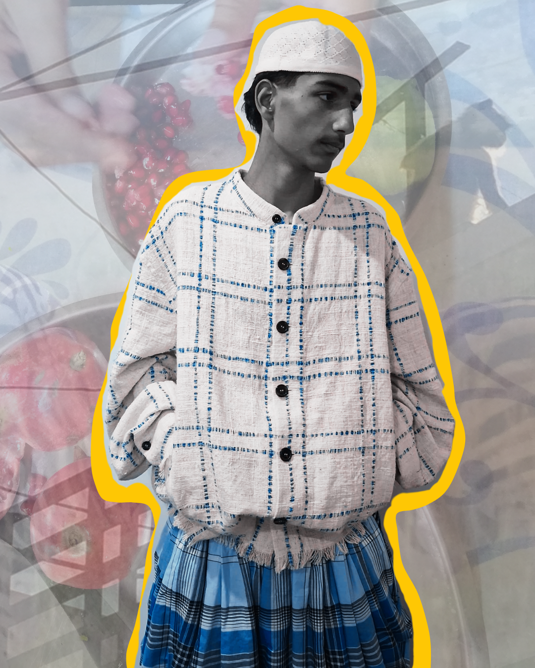 A young man wearing a white patterned top and a blue plaid skirt, with a yellow outline around him, standing in front of a background with fruit images.