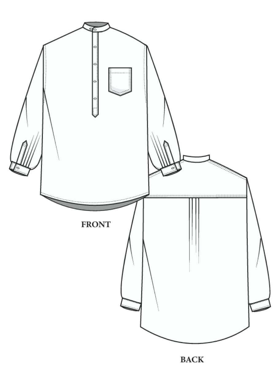 Technical drawing of a long-sleeve men's shirt, front and back views, with a stand collar, chest pocket on the left side, buttoned cuffs, and detailing around the placket and collar.