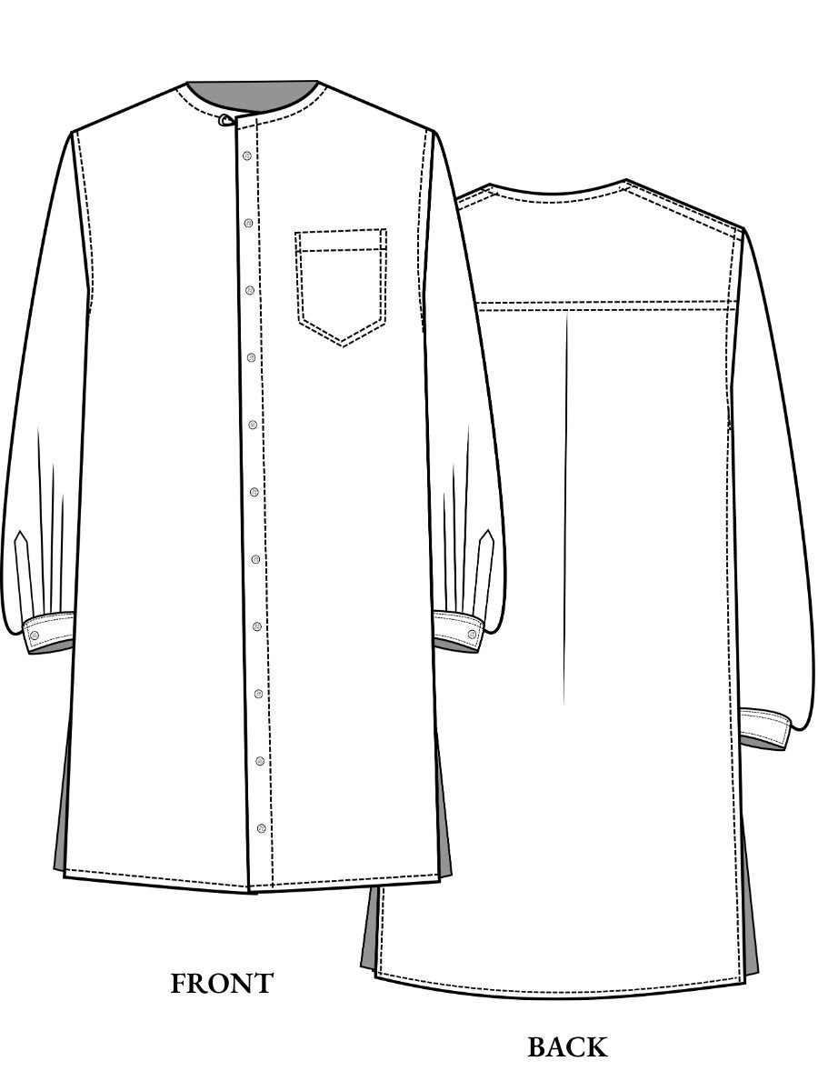 Line drawing of a long-sleeve shirt pattern, showing the front and back views. The front has a button-down placket, a small collarless neckline, a chest pocket, and buttoned cuffs. The back shows plain fabric with shoulder stitching.