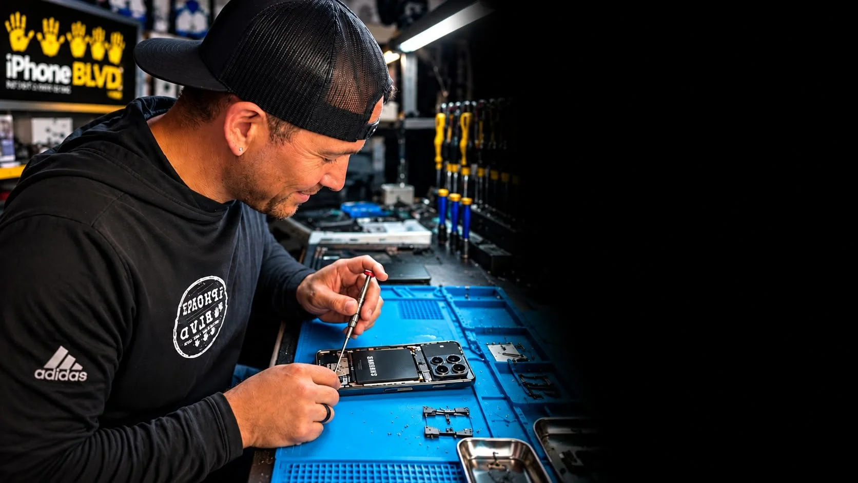 Joe, lead technician at iPhone BLVD in Kennewick, performing smartphone repair at his workbench. Serving Samsung Galaxy customers throughout Kennewick, Pasco, Richland, and the Tri-Cities since 2004.