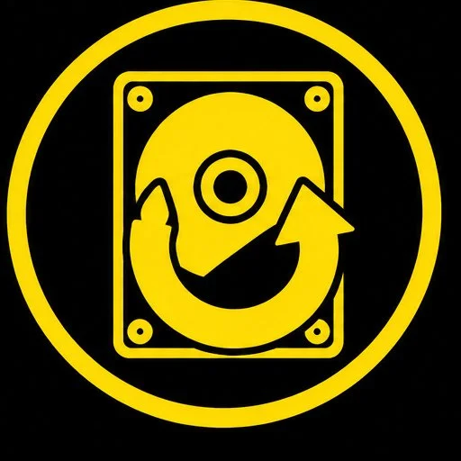 Yellow hard drive and recovery arrow icon representing Samsung Galaxy data recovery services at iPhone BLVD in Kennewick, proudly serving the Tri-Cities since 2004.