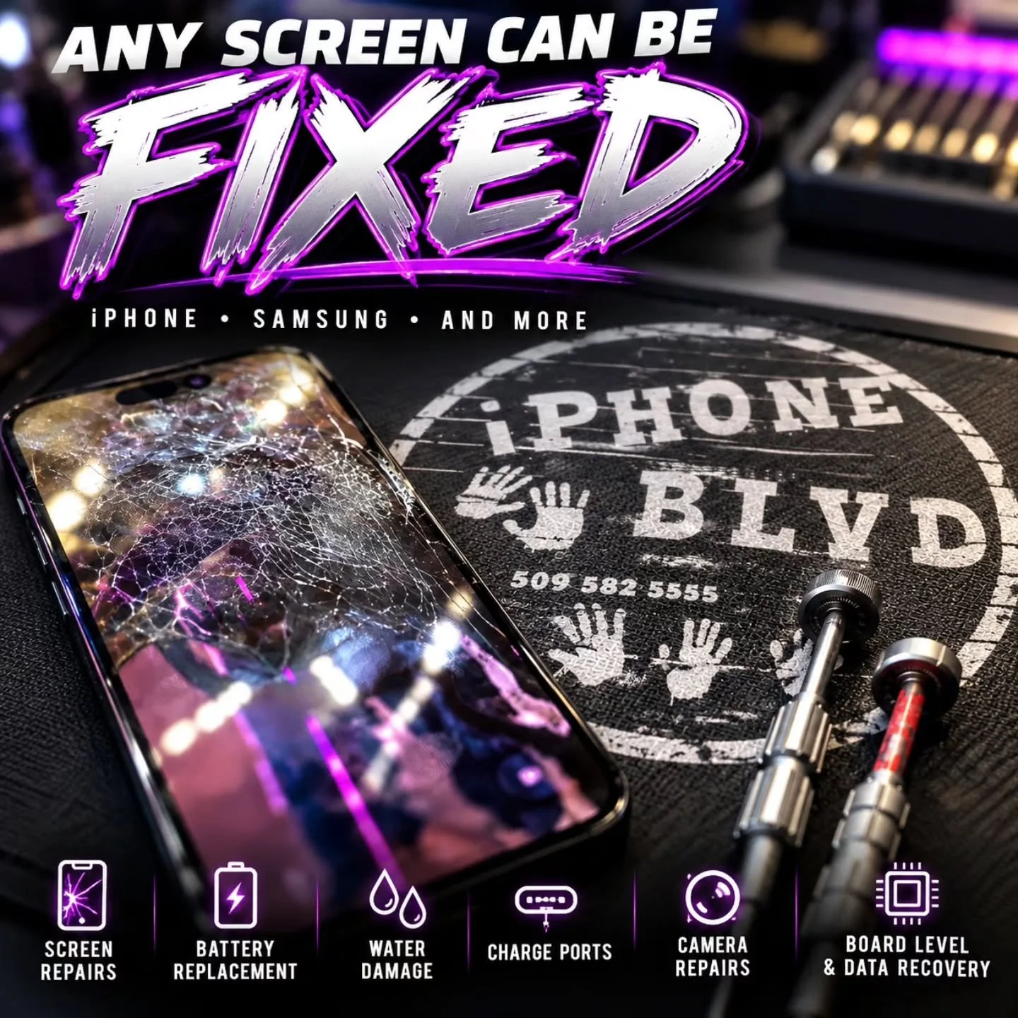 Any screen can be fixed. 📱✨

iPhone. Samsung. And more.

Clean work. Quality parts. Repairs done right.
From shattered screens to batteries, charging ports, cameras, water damage, and board-level repair.

They said replace it. We said fix it.

📍 iP