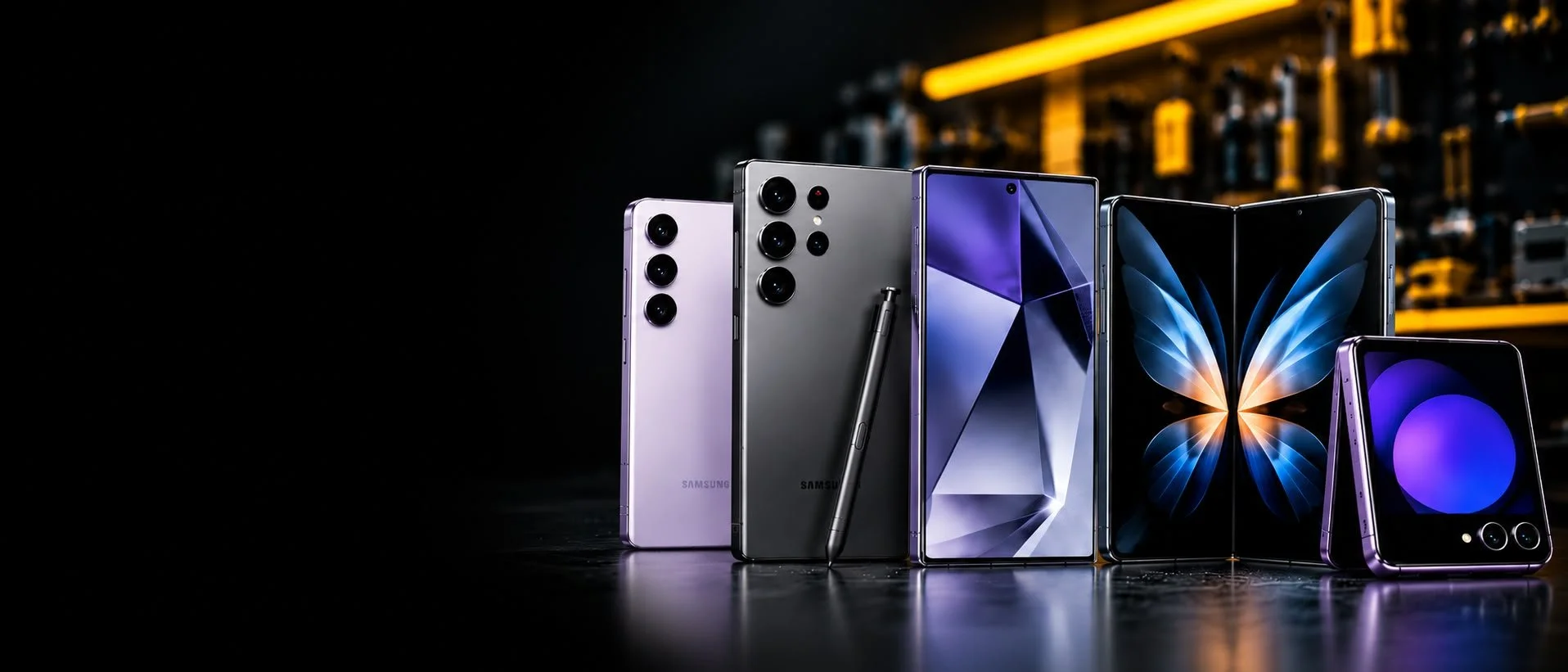 Samsung Galaxy S, Ultra, Z Fold, and Z Flip smartphones representing Samsung Galaxy repair services at iPhone BLVD in Kennewick, serving Pasco, Richland, and the Tri-Cities, Washington.