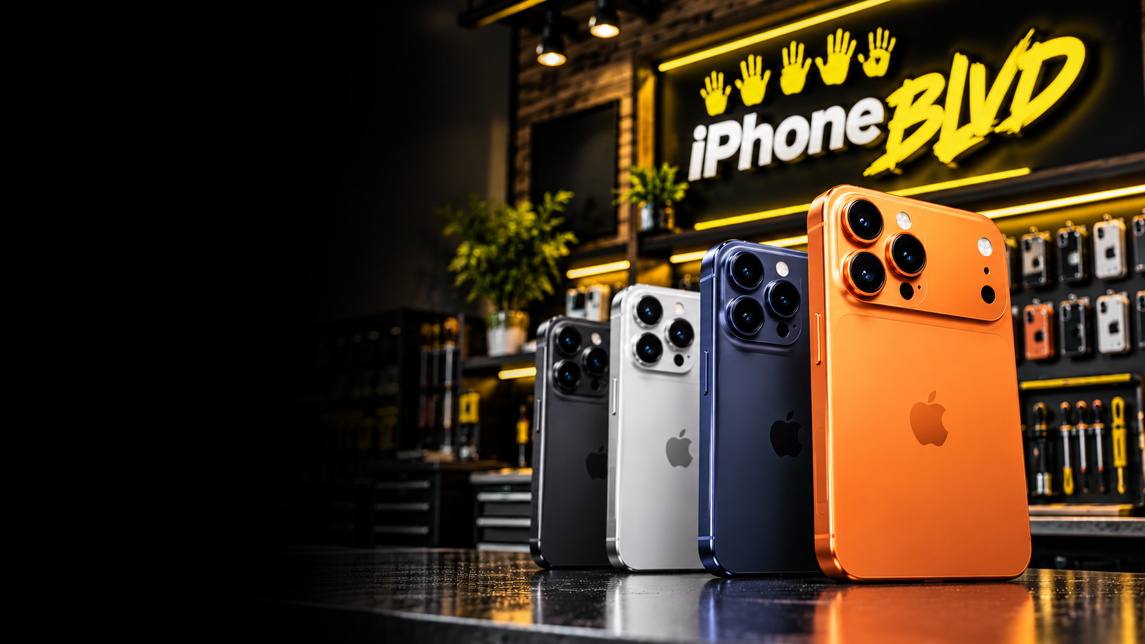 Display of Apple iPhones, including the orange iPhone 17 Pro Max, at iPhone BLVD in Kennewick, WA, serving Pasco, Richland, and the Tri-Cities.