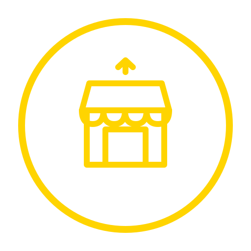 Yellow storefront and upward arrow icon representing improved Google search visibility for local businesses.