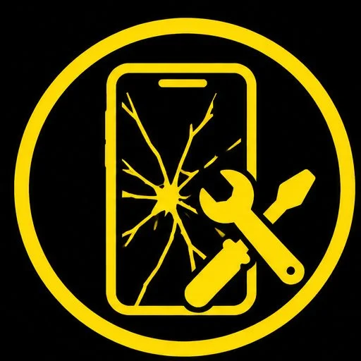 Yellow cracked smartphone screen repair icon representing Samsung Galaxy screen replacement services at iPhone BLVD in Kennewick, Washington.