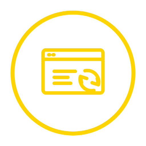 Yellow browser icon with curved arrow representing professional website redesign and updates.