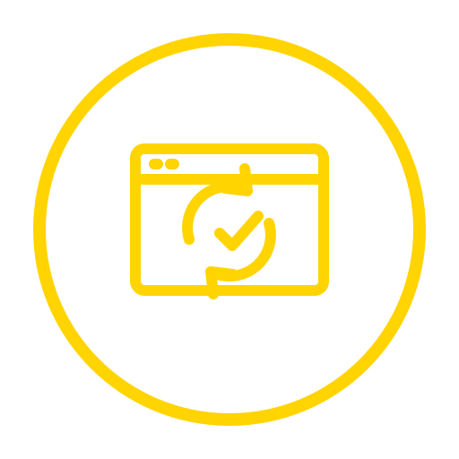 Yellow browser refresh and checkmark icon representing ongoing website maintenance and updates.