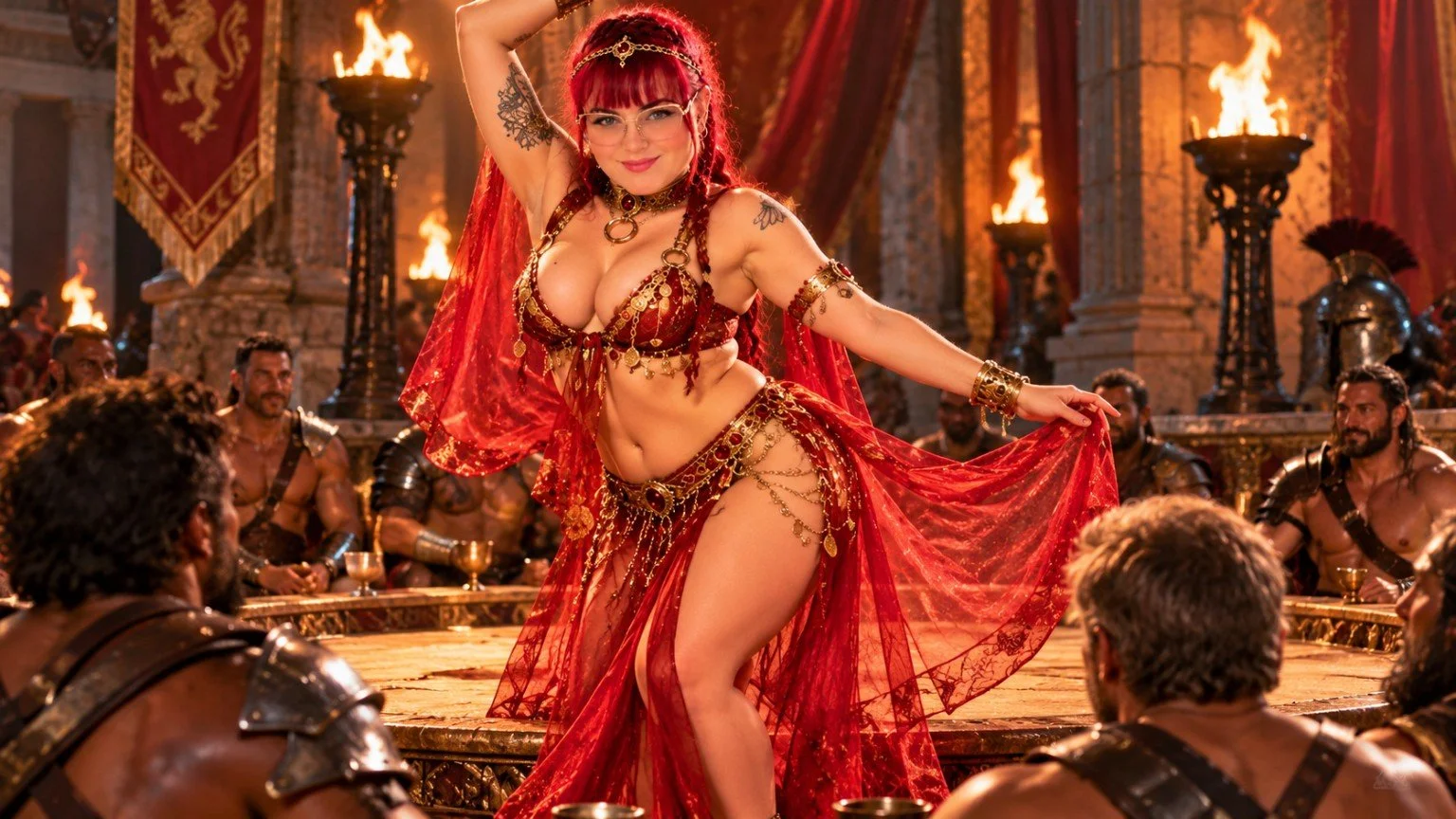 Fantasy author S.A. StClaire portrayed as a exotic dancer entertaining gladiators.