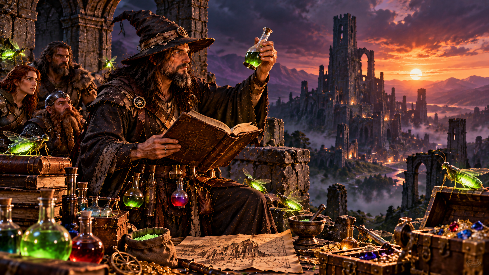 Ni'Kar, the mysterious alchemist from S.A. StClaire's Bloodragon Chronicles, stands among ancient ruins with a green potion, magical ingrediants, and insects, surrounded by the secrets of his dangerous experiments.