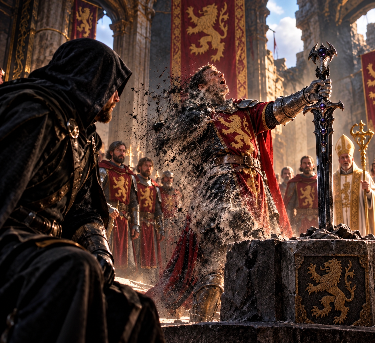 At Bloodragon Keep, an armored knight attempts to claim Perdition, the mysterious sword that fell from the sky, as Burgundian paladins watch inside a grand medieval hall.
