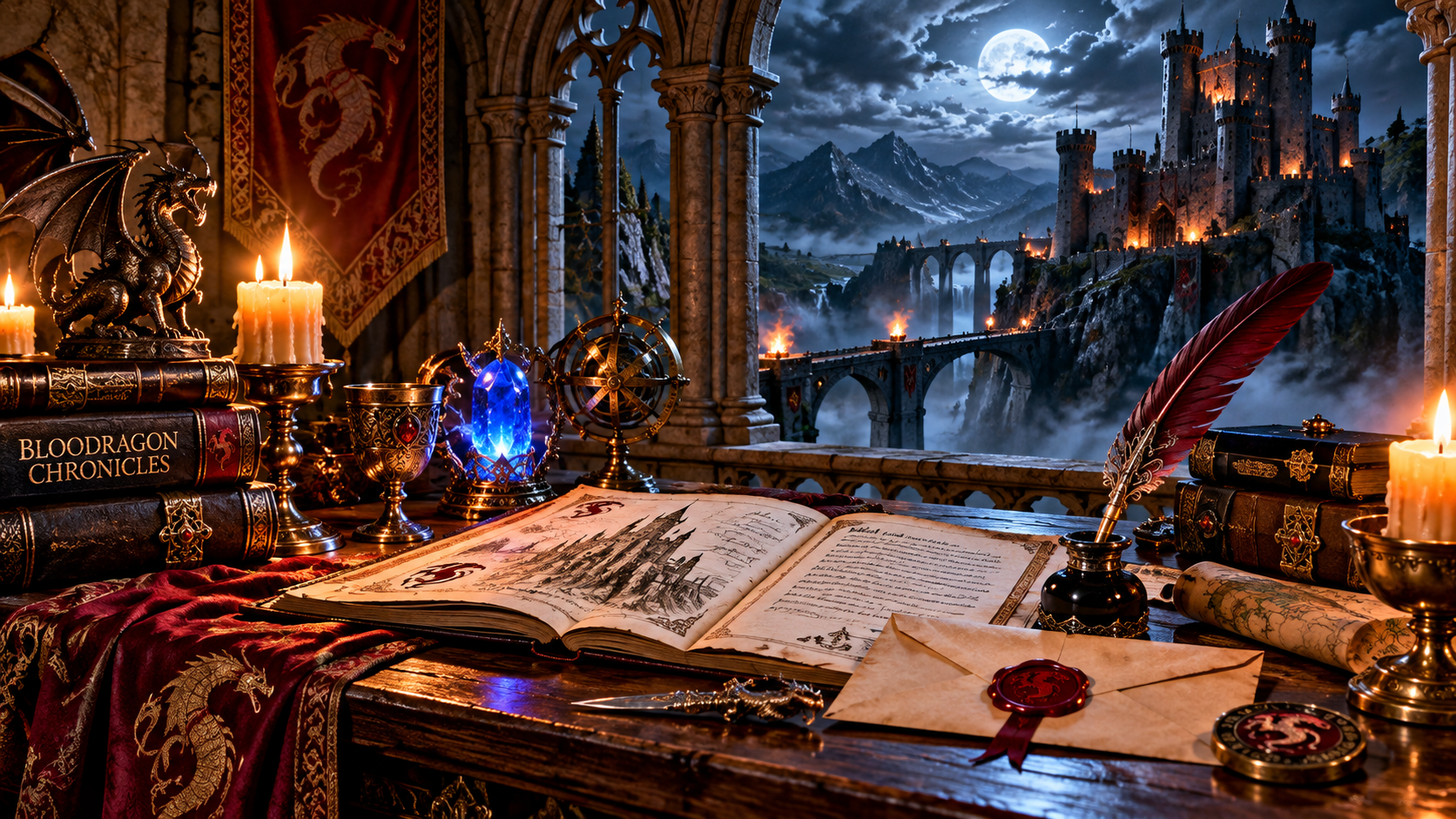 A fantasy-themed study room with a medieval castle view, filled with magical accessories, glowing candles, ancient books, a quill, and mystical objects on a wooden desk.