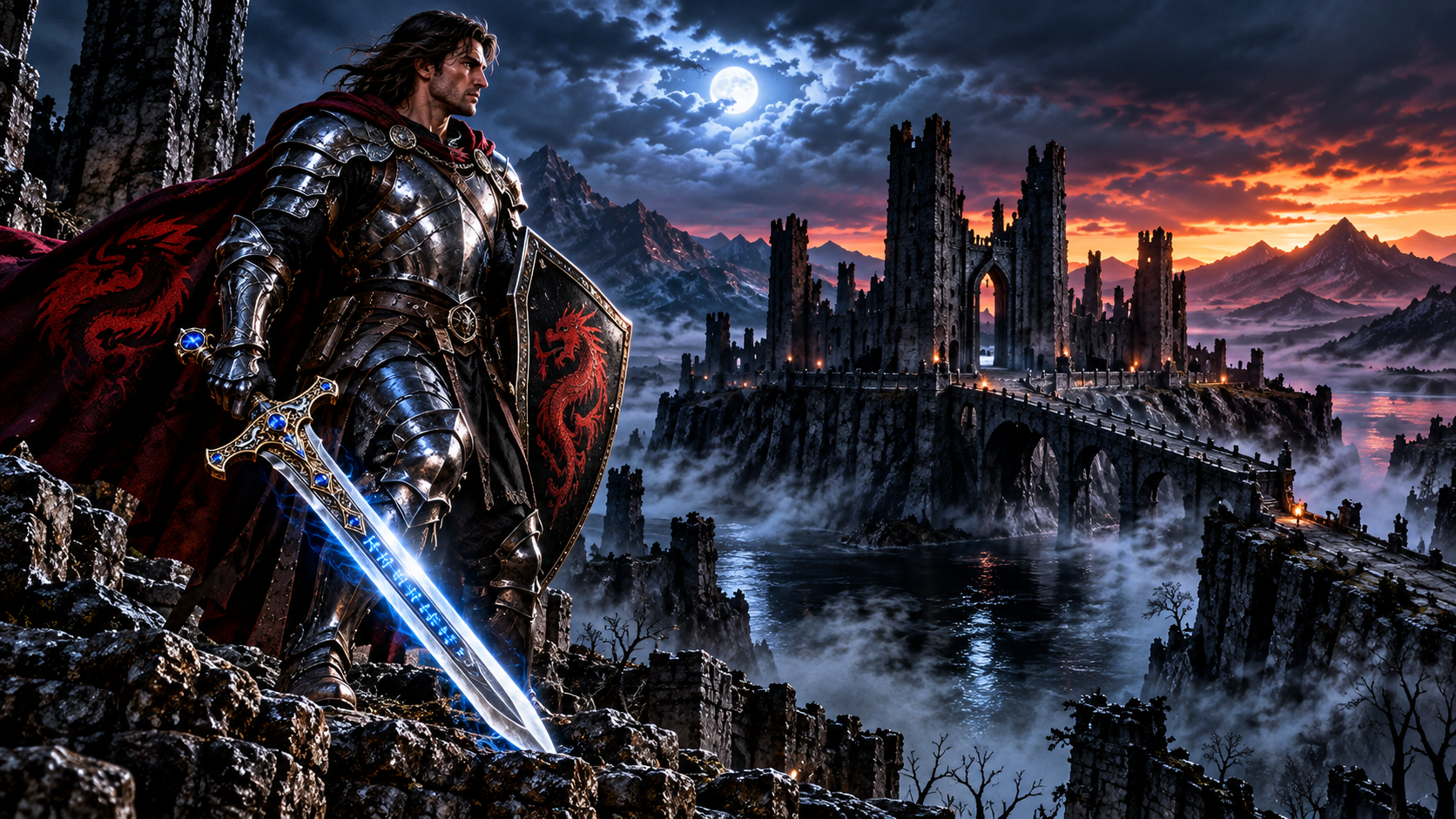 Percy Bloodragon stands near the ruins of Bloodragon Keep, carrying Peregrine, his legendary glowing blue sword, and a shield bearing a red dragon beneath a moonlit sky.