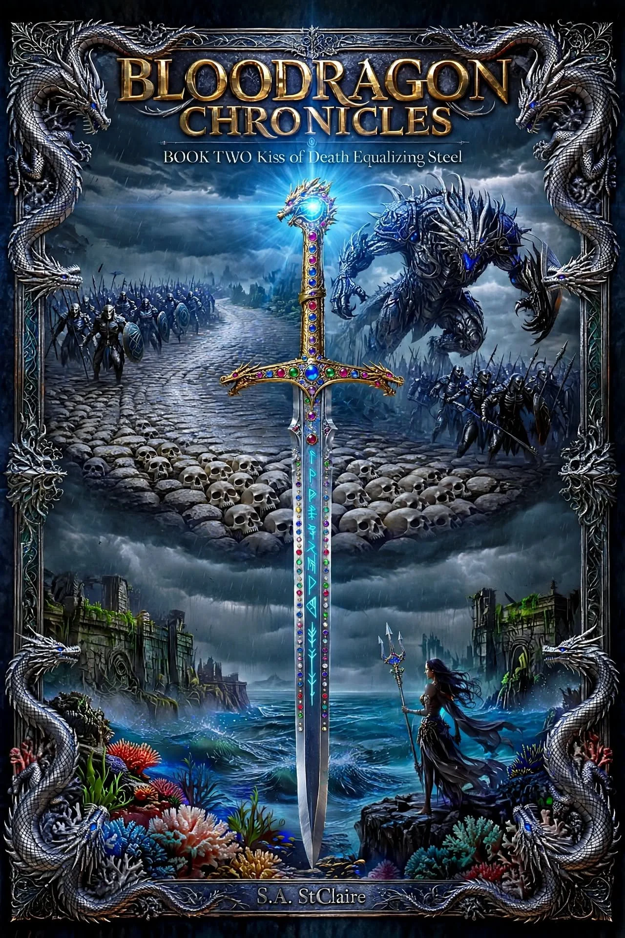 Fantasy book cover titled "Blooddragon Chronicles: Book Two Kiss of Death Equalizing Steel" with a sword at the center surrounded by dragons, warriors, a sea scene, and mythical elements.