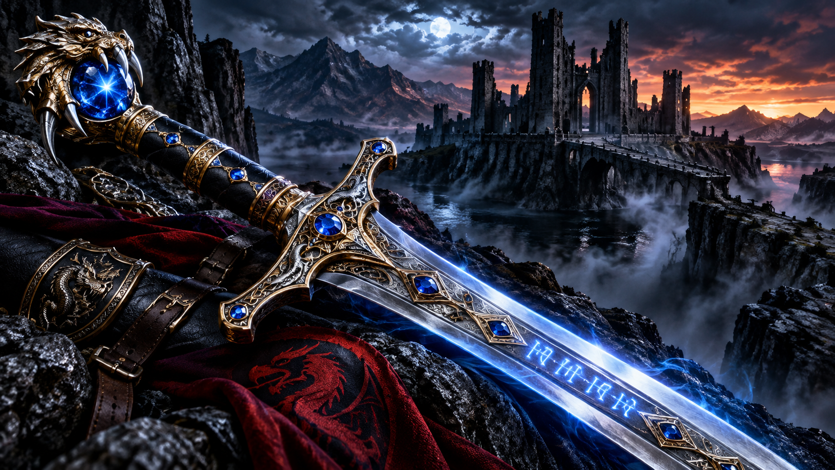 Peregrine, the legendary living-steel sword from Bloodragon Chronicles, rests upon rocks beneath a red dragon banner, with a mysterious castle rising through the mist.