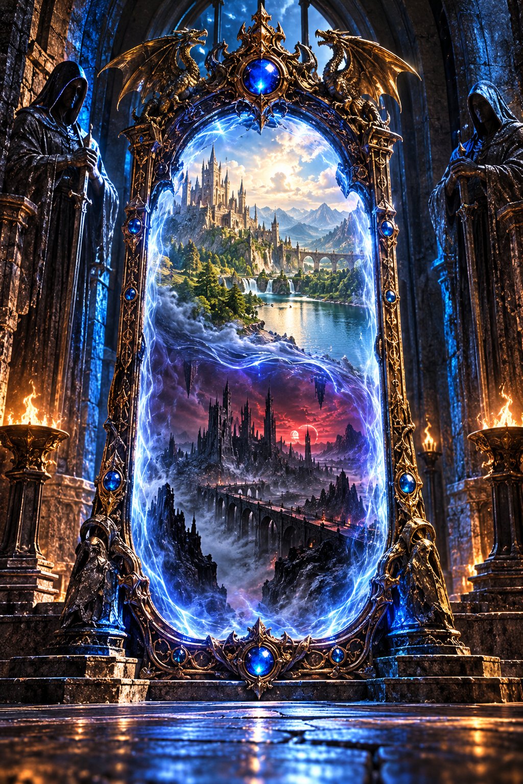 A magical porta framed by Gothic stonework and dragon statues reveals two parallel worlds of Bloodragon Chronicles, one lush and peaceful, the other dark and ominous.