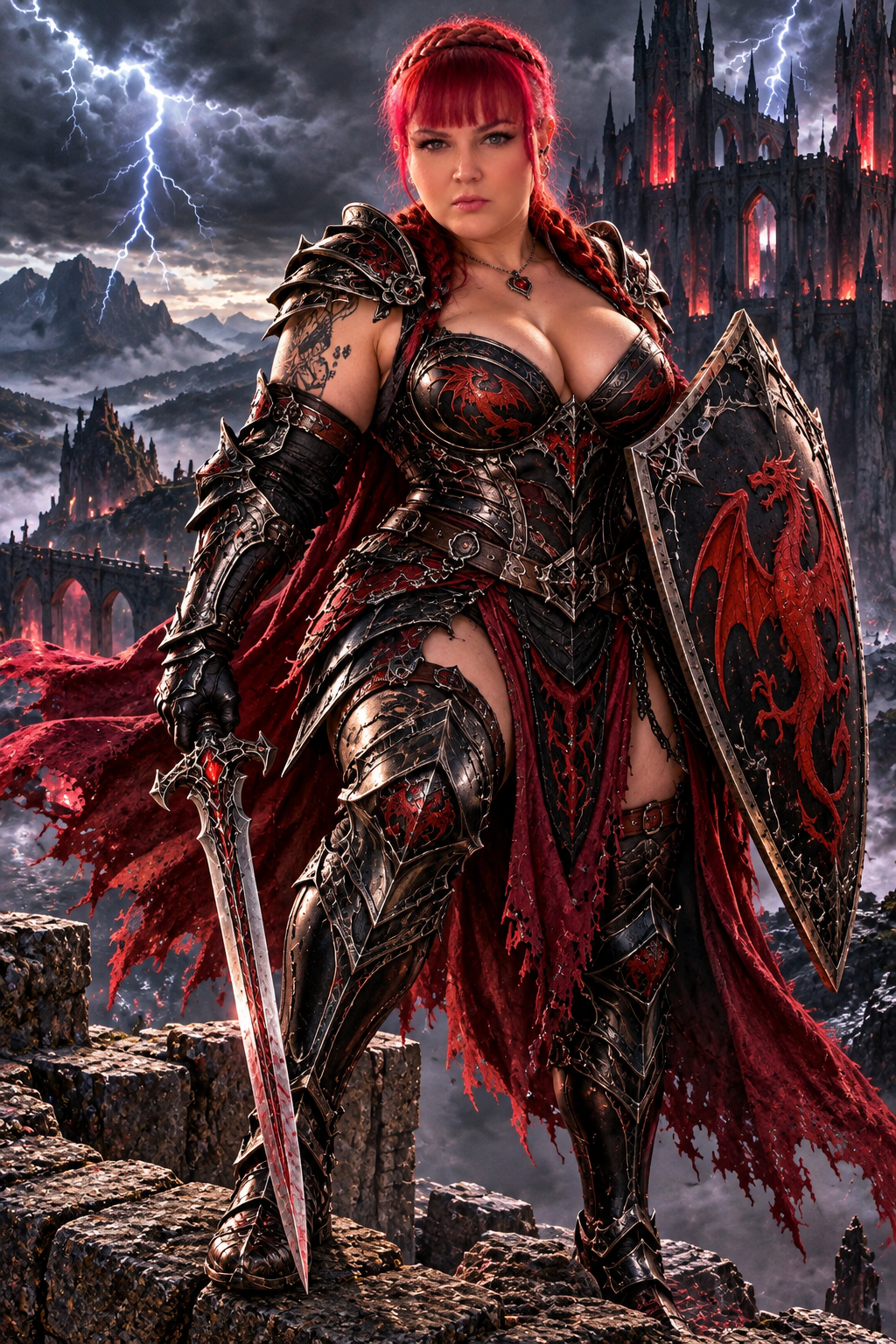 Fantasy author S.A. StClaire portrayed as a fierce warrior princess in gothic armor, holding a  sword and dragon-emblazoned shield atop ancient castle ruins beneath a stormy sky.