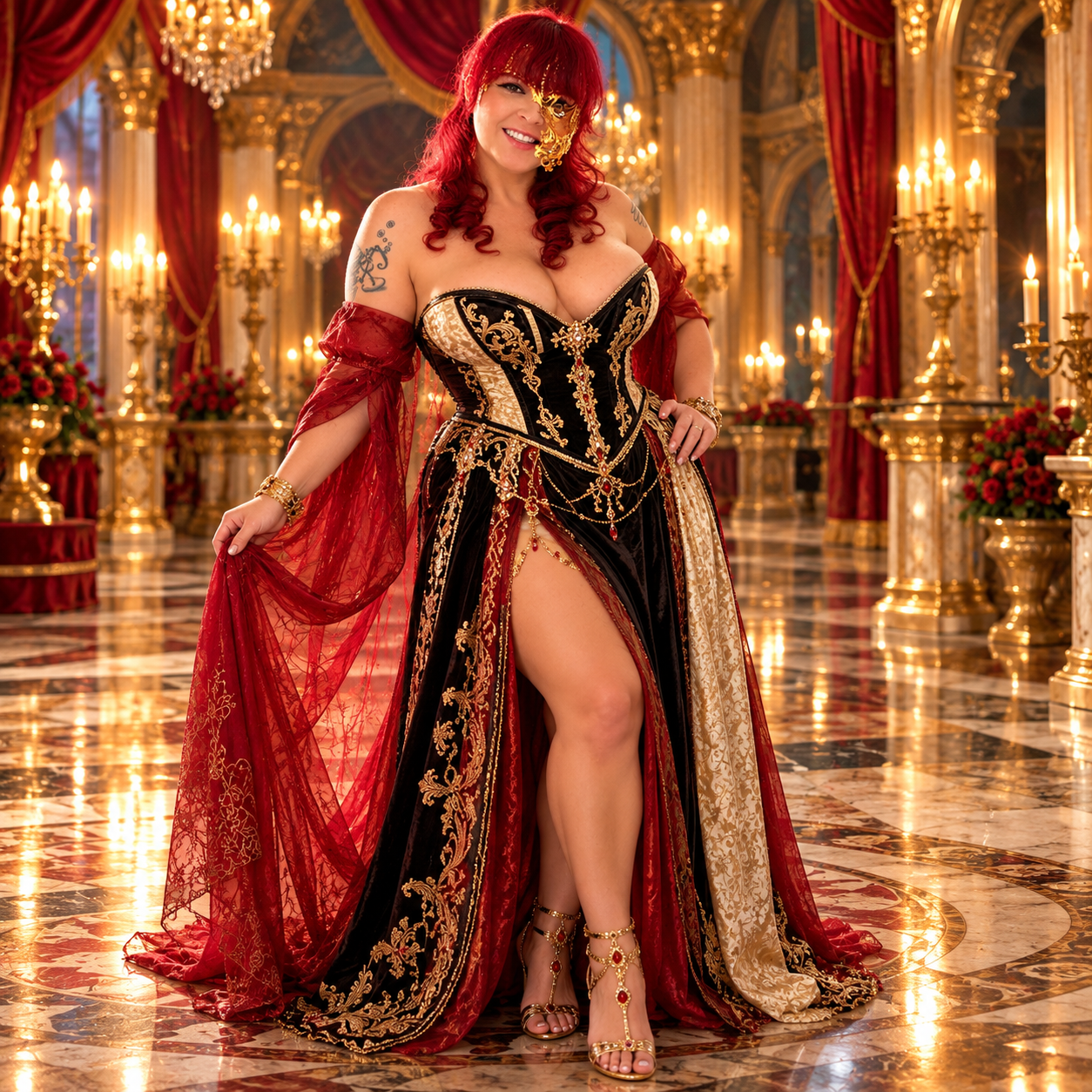 Fantasy author S.A. StClaire, a woman with red hair in an ornate gown with gold embellishments, standing in a luxurious, gold and red decorated hall with chandeliers and floral arrangements.