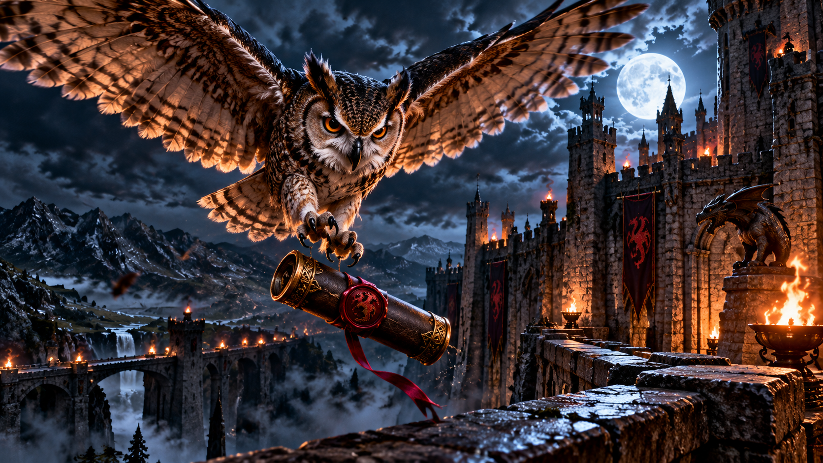 An owl flying at night over a medieval castle with a full moon, mountains, and waterfalls in the background, holding a scroll in its talons.