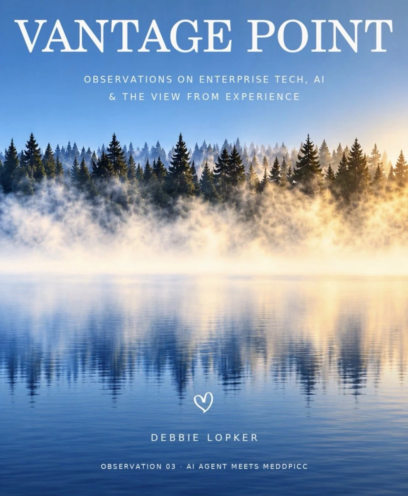 Cover of a book titled "Vantage Point" with a serene landscape of a foggy forest reflected on a calm lake during sunrise.