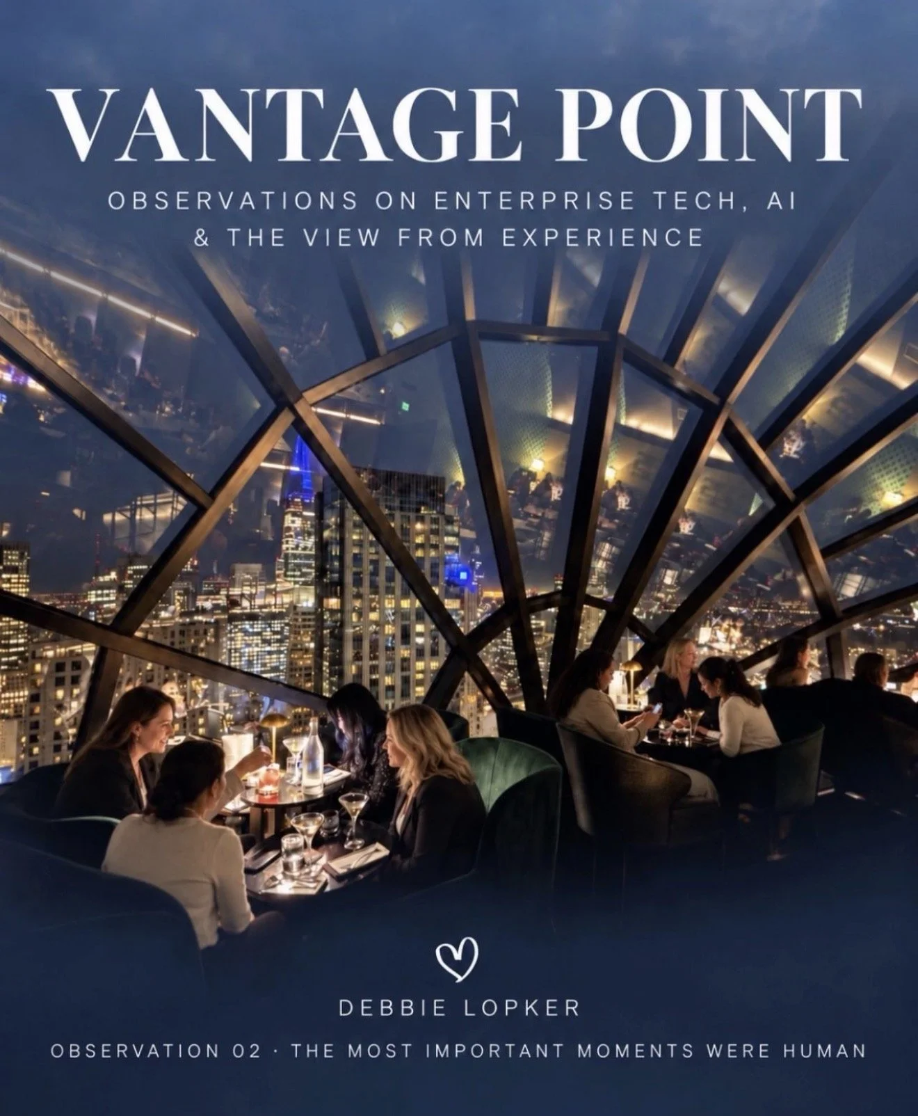 A cityscape view from a high vantage point at night with people dining at a restaurant inside a glass-domed structure.