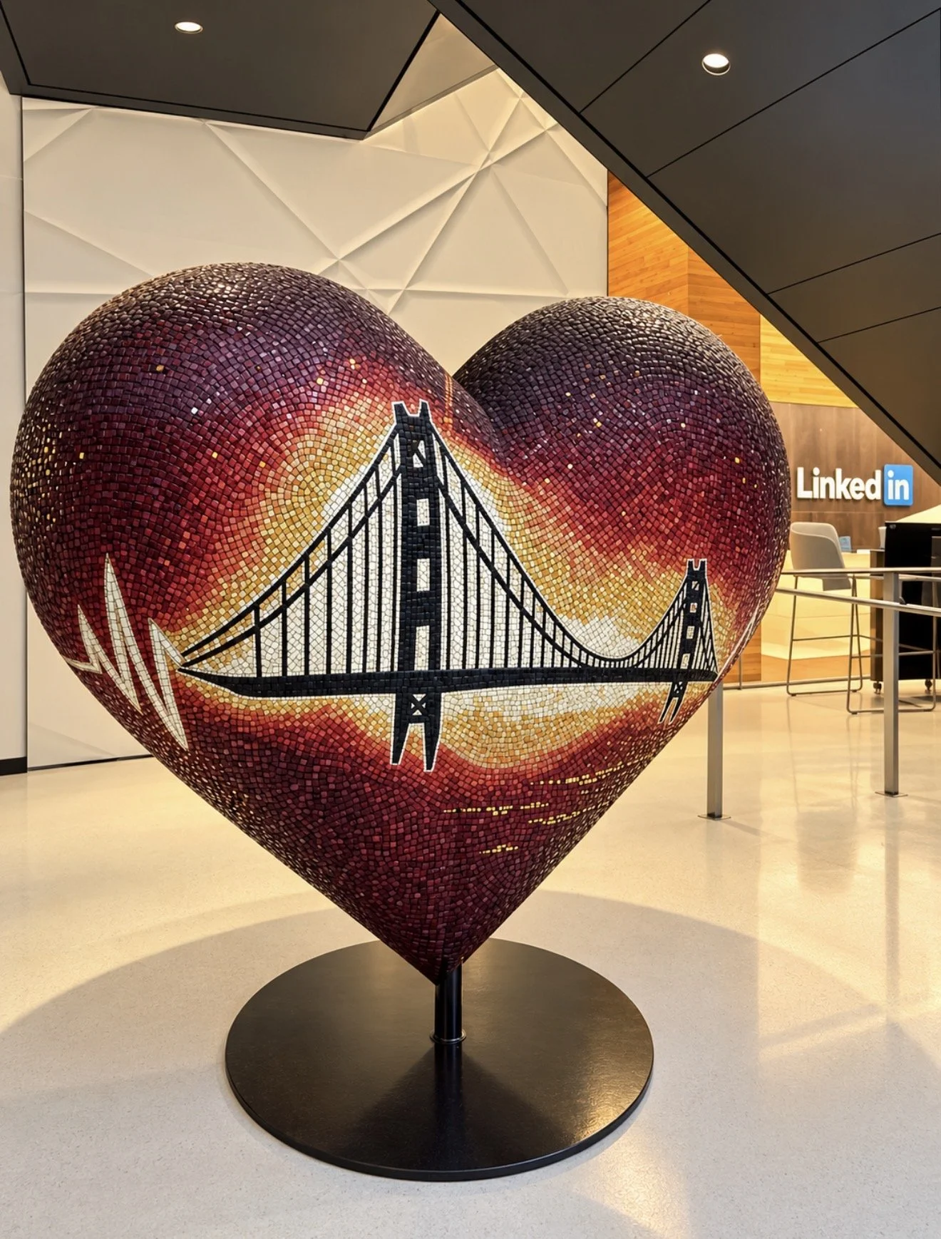 A Hearts in San Francisco mosaic sculpture of the Golden Gate Bridge with a heartbeat line, in the lobby of LinkedIn’s San Francisco office.