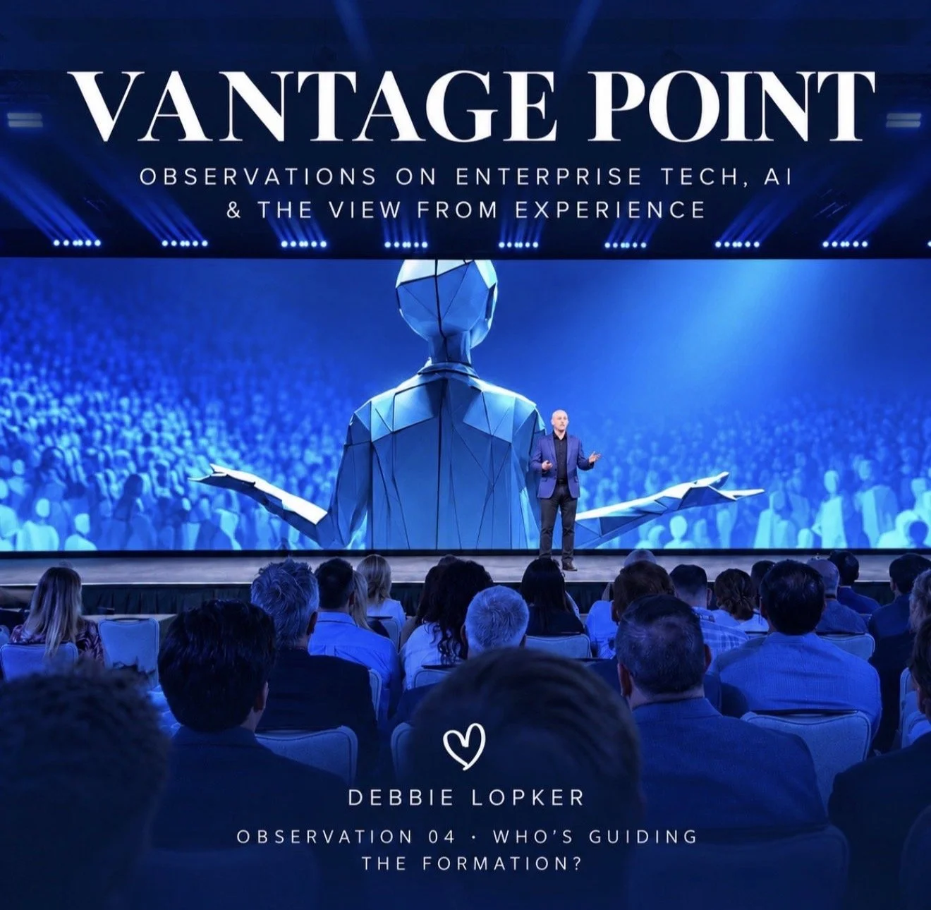 A speaker presenting on stage at Vantage Point, with a large screen behind him showing a futuristic figure and the title 'VANTAGE POINT: Observations on enterprise tech, AI & the view from experience.' An audience is seated facing the stage.
