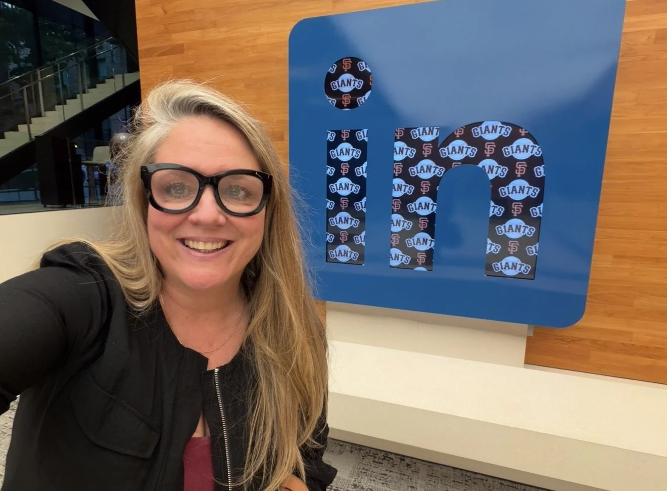 Debbie Lopker in the lobby of LinkedIn's downtown San Francisco office.