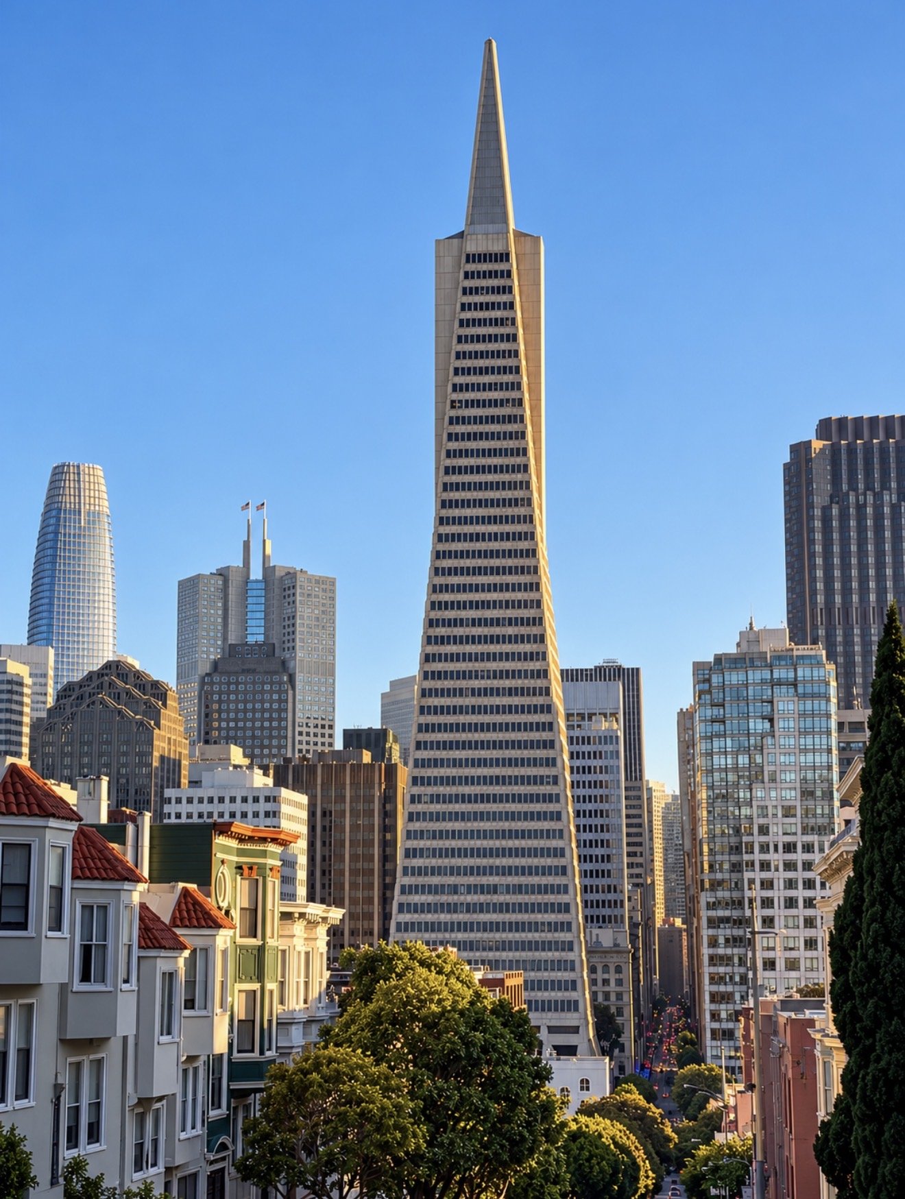 The Transamerica Pyramid rises above San Francisco on a clear blue day.